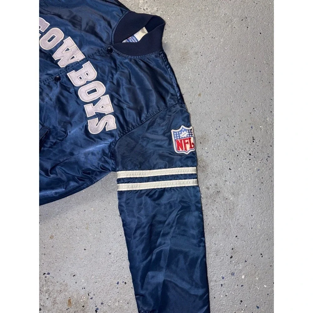 Vintage 90s Dallas Cowboys Starter Satin Varsity Jacket Navy Blue Mens Large‎